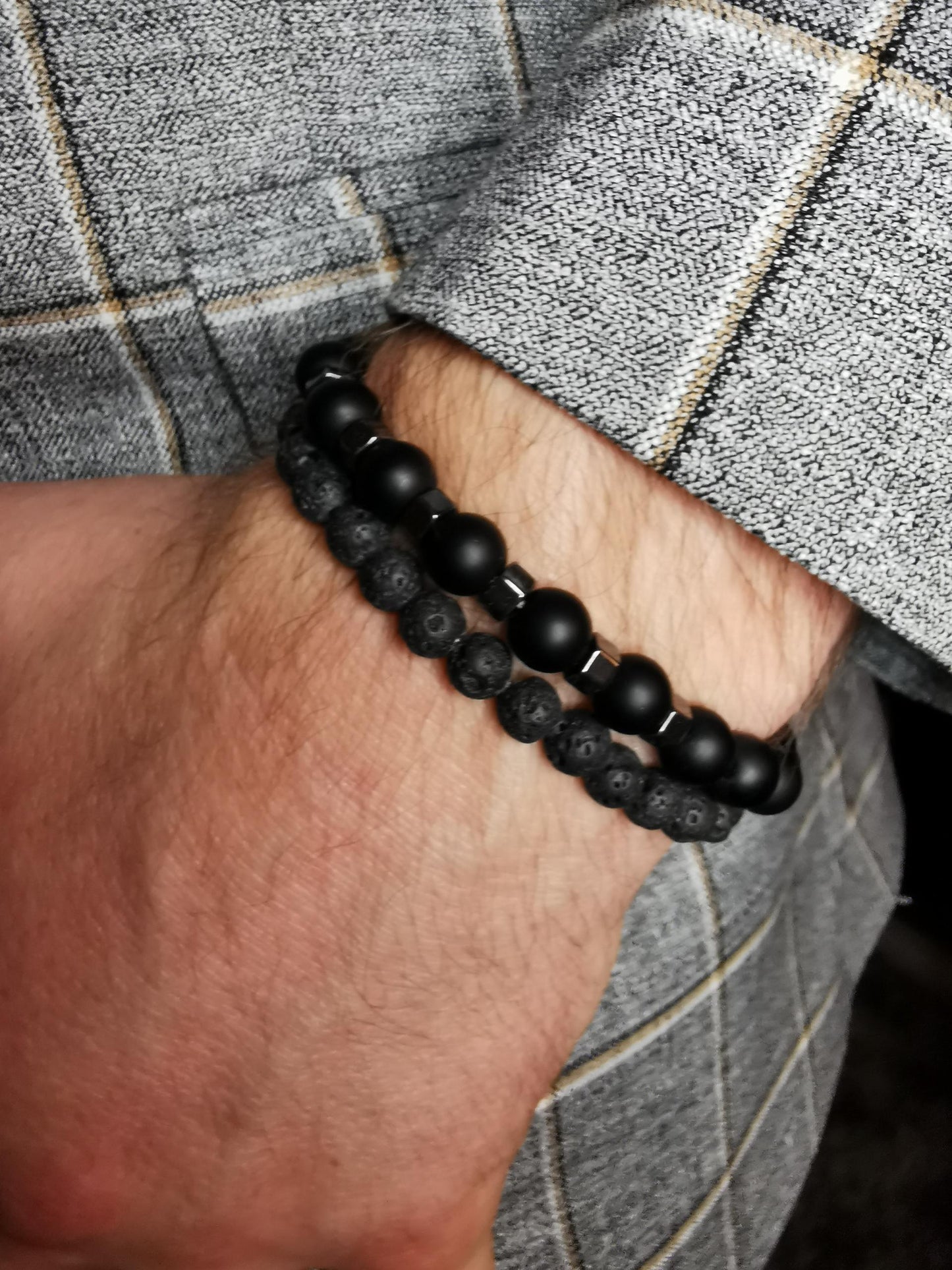 Success, Good Luck, Protection and Grounding 2 Pieces Beaded Lava and Black Tiger eye Stone Bead Charm Men Bracelet Set