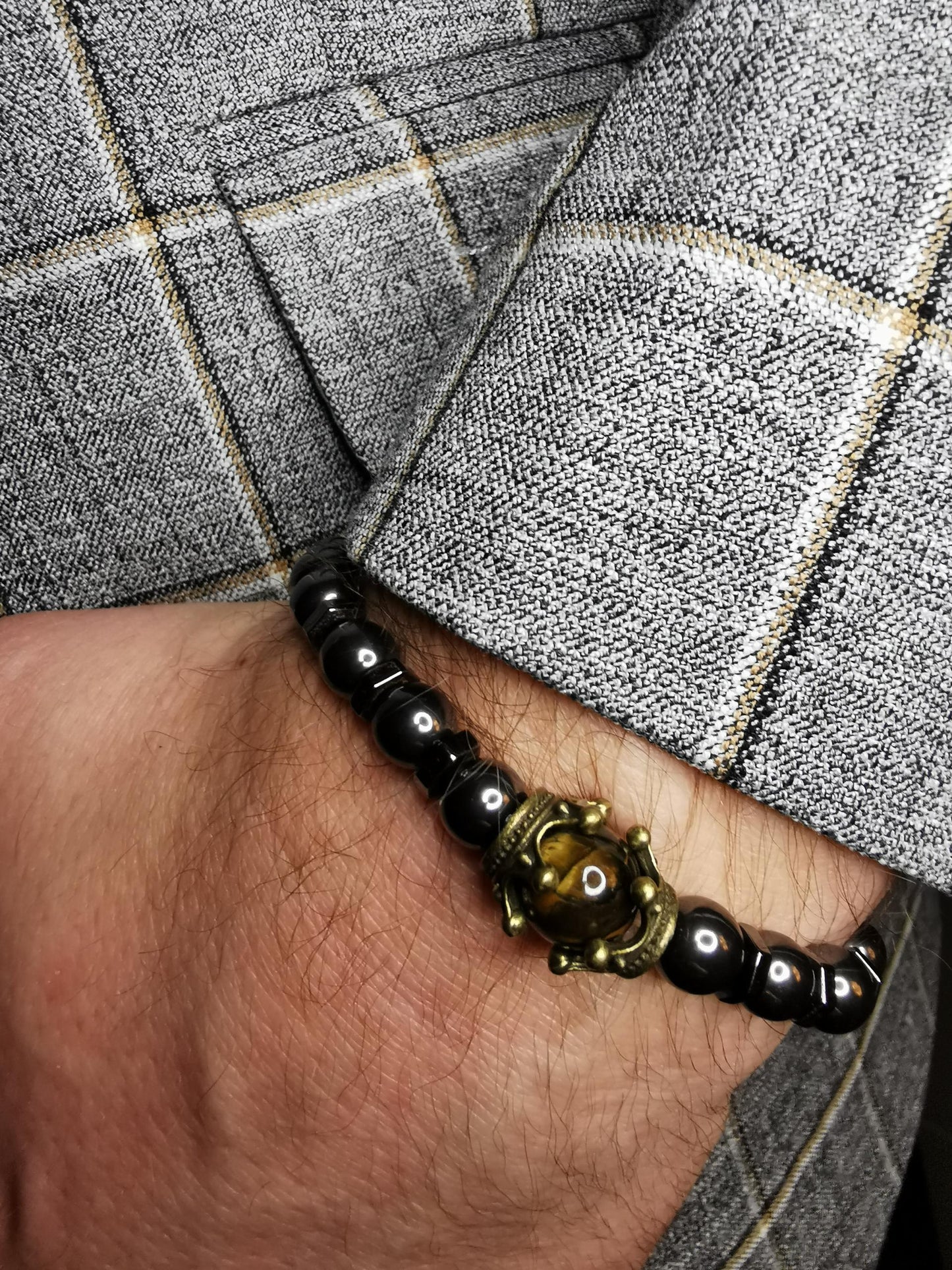 Good Fortune,  Prosperity, Healing, Stability, Balance Charm Men's Bracelet, Luxury Hematite Crown Tiger Eye Stone Beads Beaded Bracelet