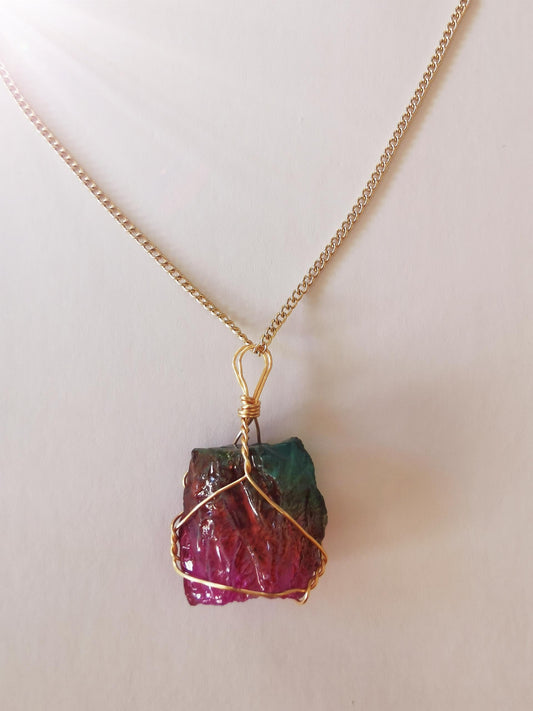 Z Chakra Stimulation, Manifestation Rainbow Quartz Copper Wire Wrapped Crystal Chakra Pendant Necklace