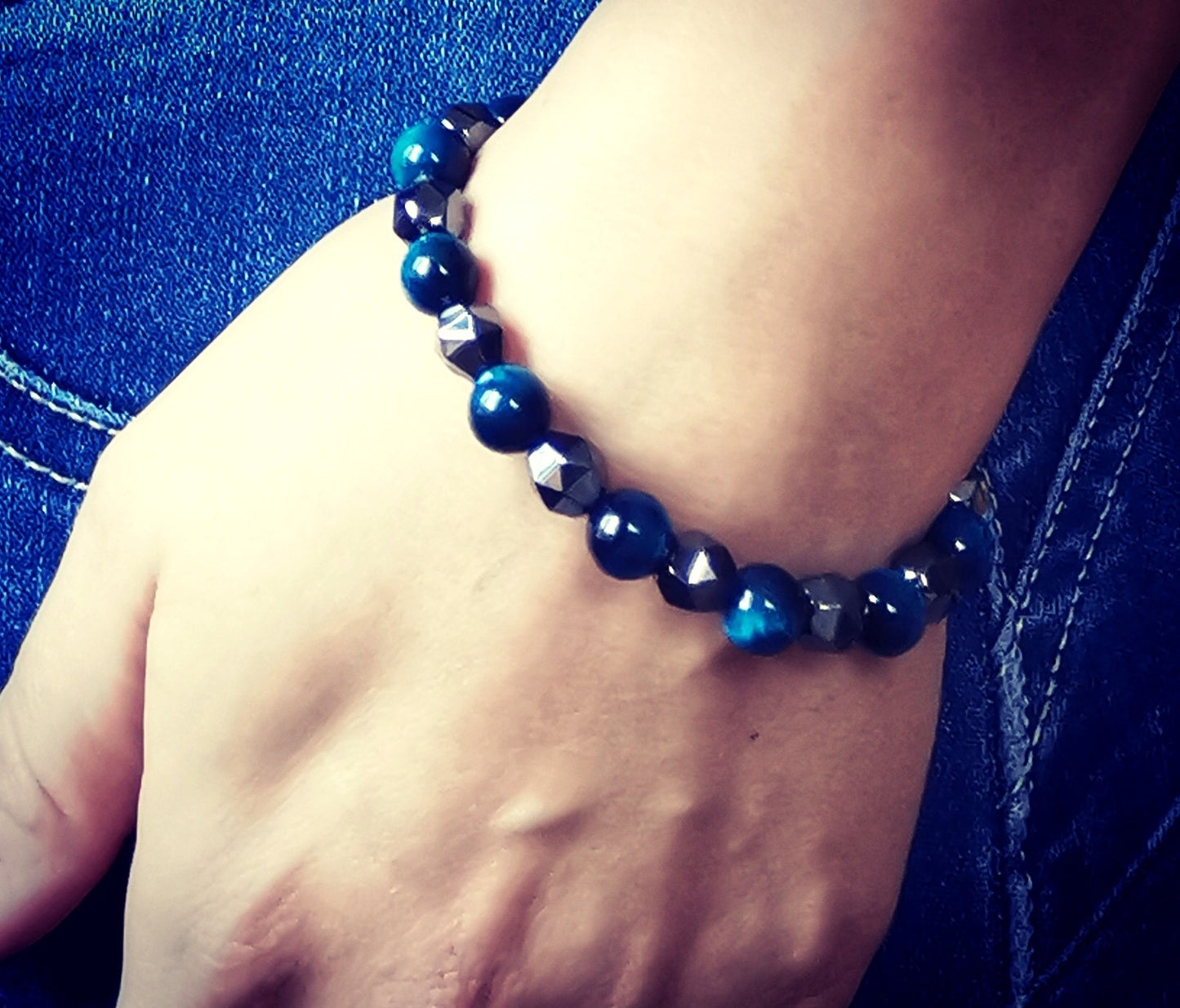 Courage, Strength, Healing Blue Tiger eye and Faceted Hematite Bracelet