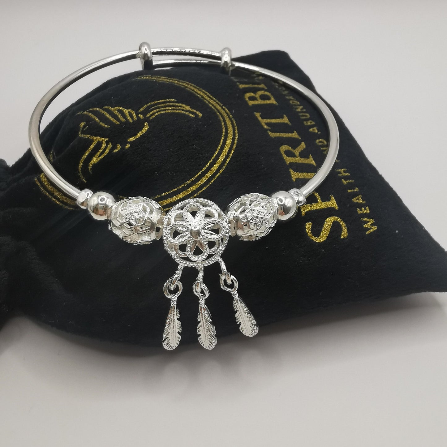 Best Luck and Positive Energy 925 Sterling Silver plated Dreamcatcher Feather Tassel Charm bangle