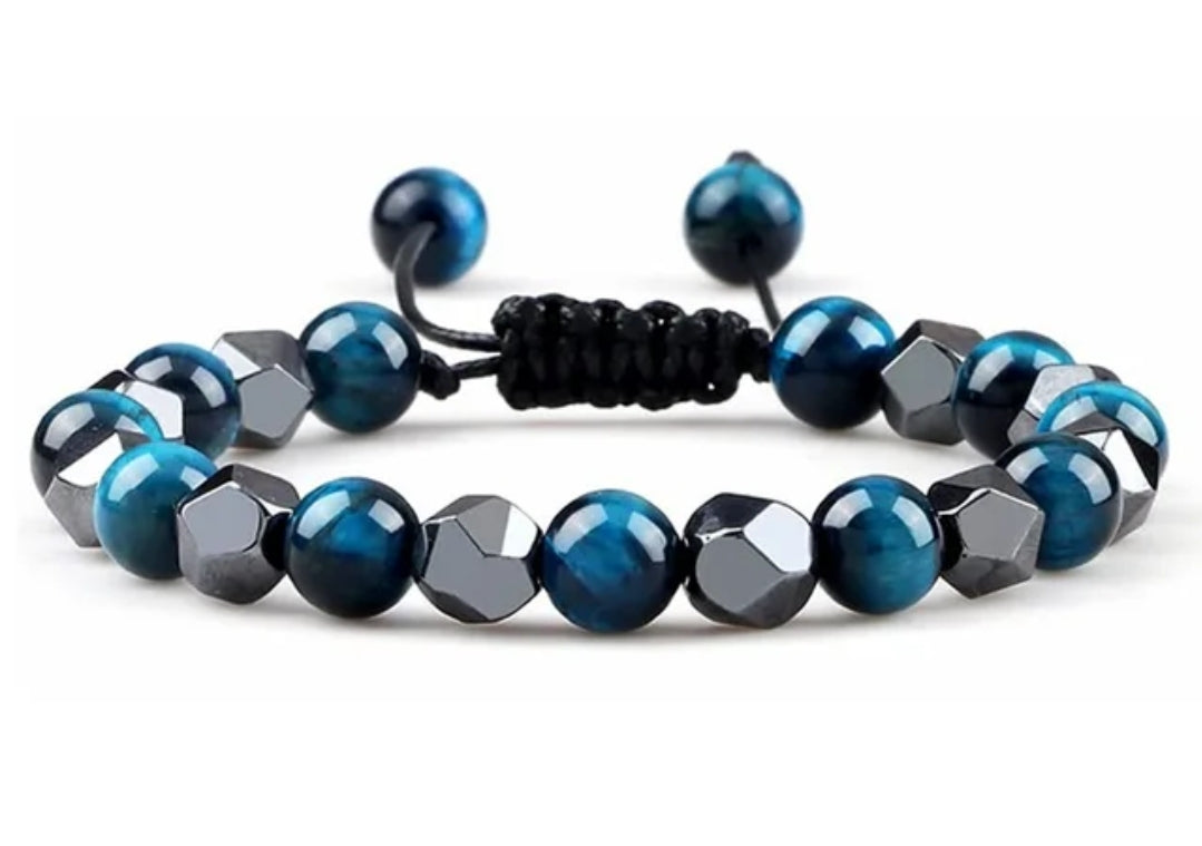 Courage, Strength, Healing Blue Tiger eye and Faceted Hematite Bracelet