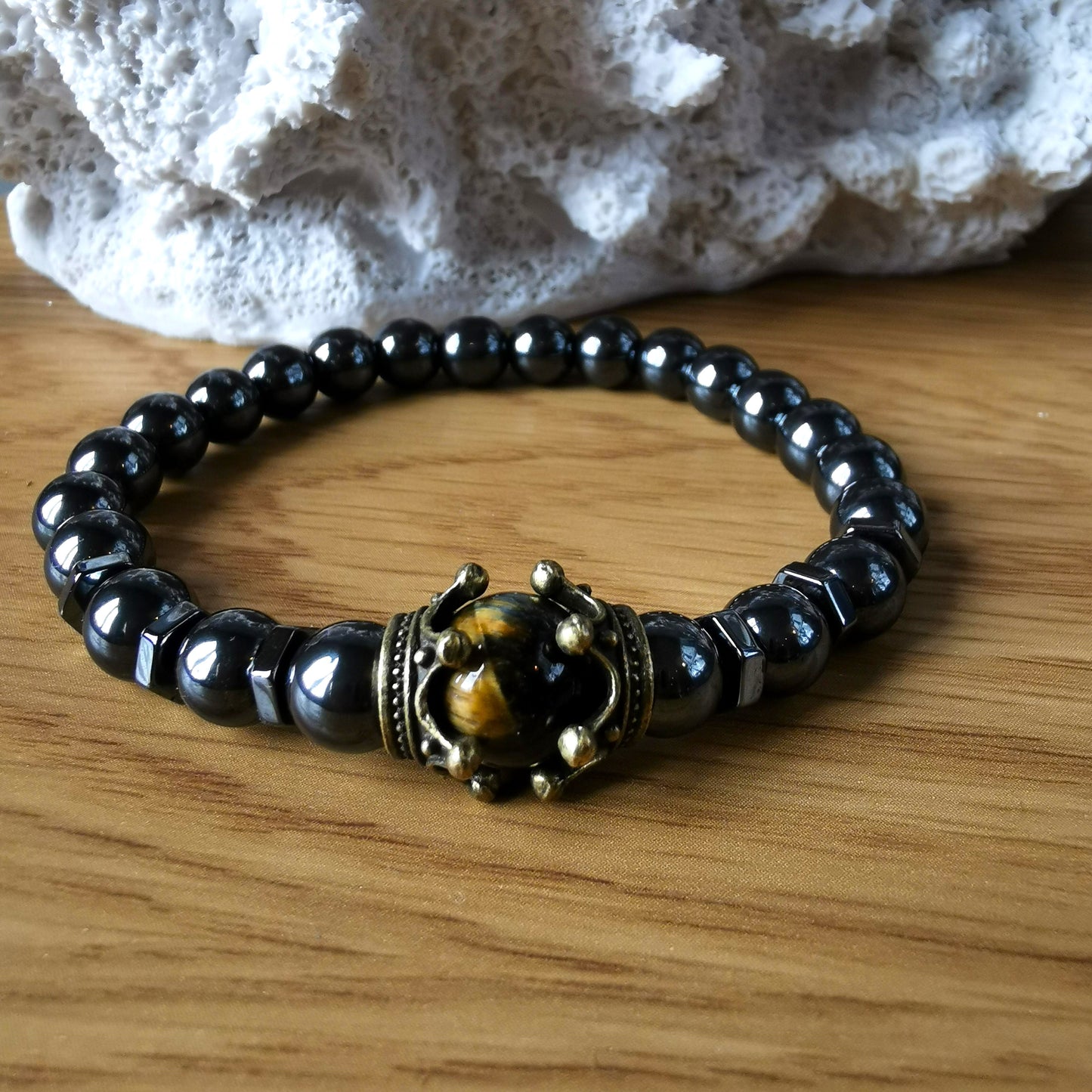 Good Fortune,  Prosperity, Healing, Stability, Balance Charm Men's Bracelet, Luxury Hematite Crown Tiger Eye Stone Beads Beaded Bracelet