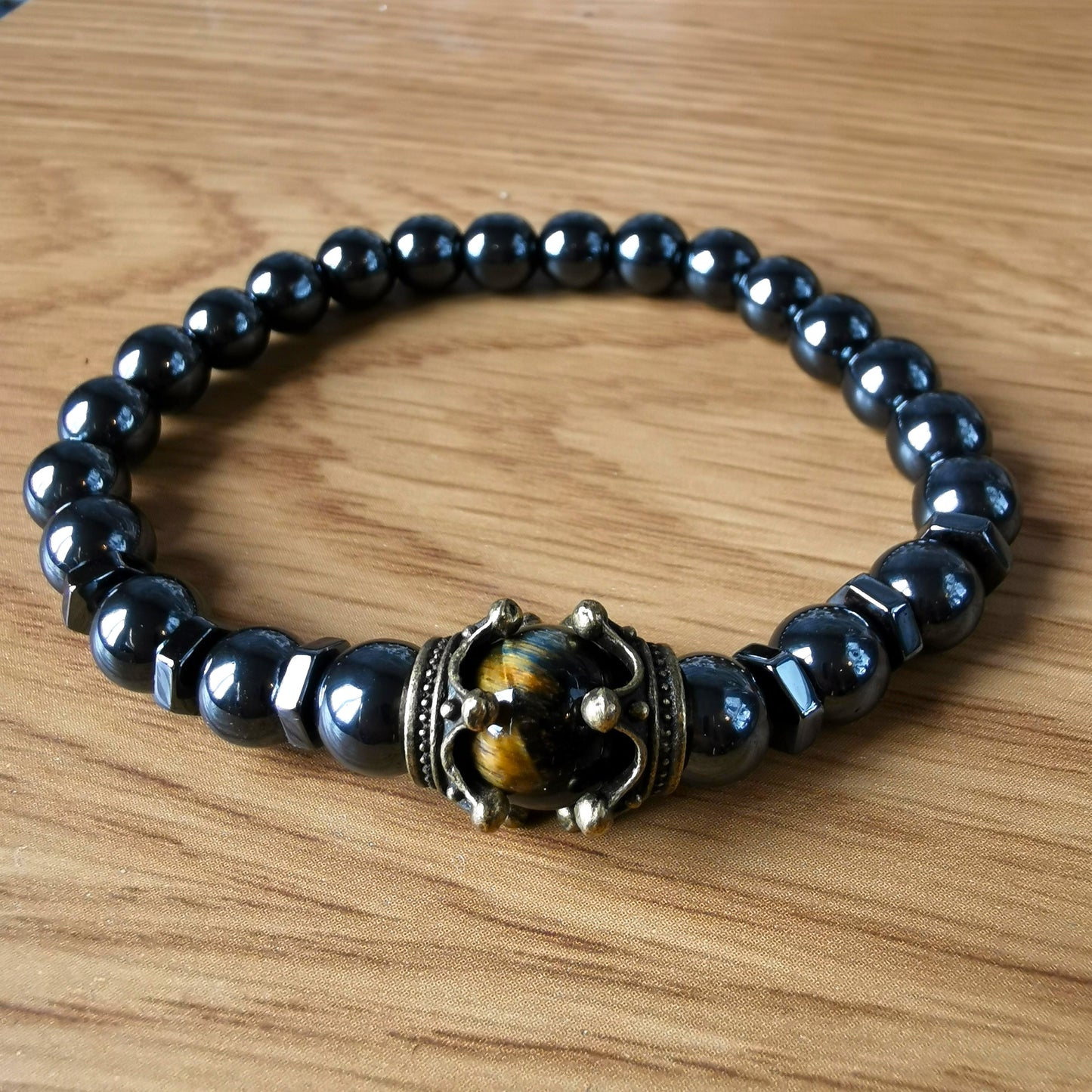 Good Fortune,  Prosperity, Healing, Stability, Balance Charm Men's Bracelet, Luxury Hematite Crown Tiger Eye Stone Beads Beaded Bracelet